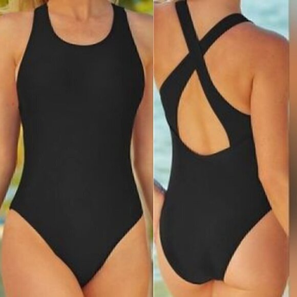 70.🆕 XXL  Black Criss Cross Back Strap One Piece Swim Suit NWOT - Picture 1 of 5